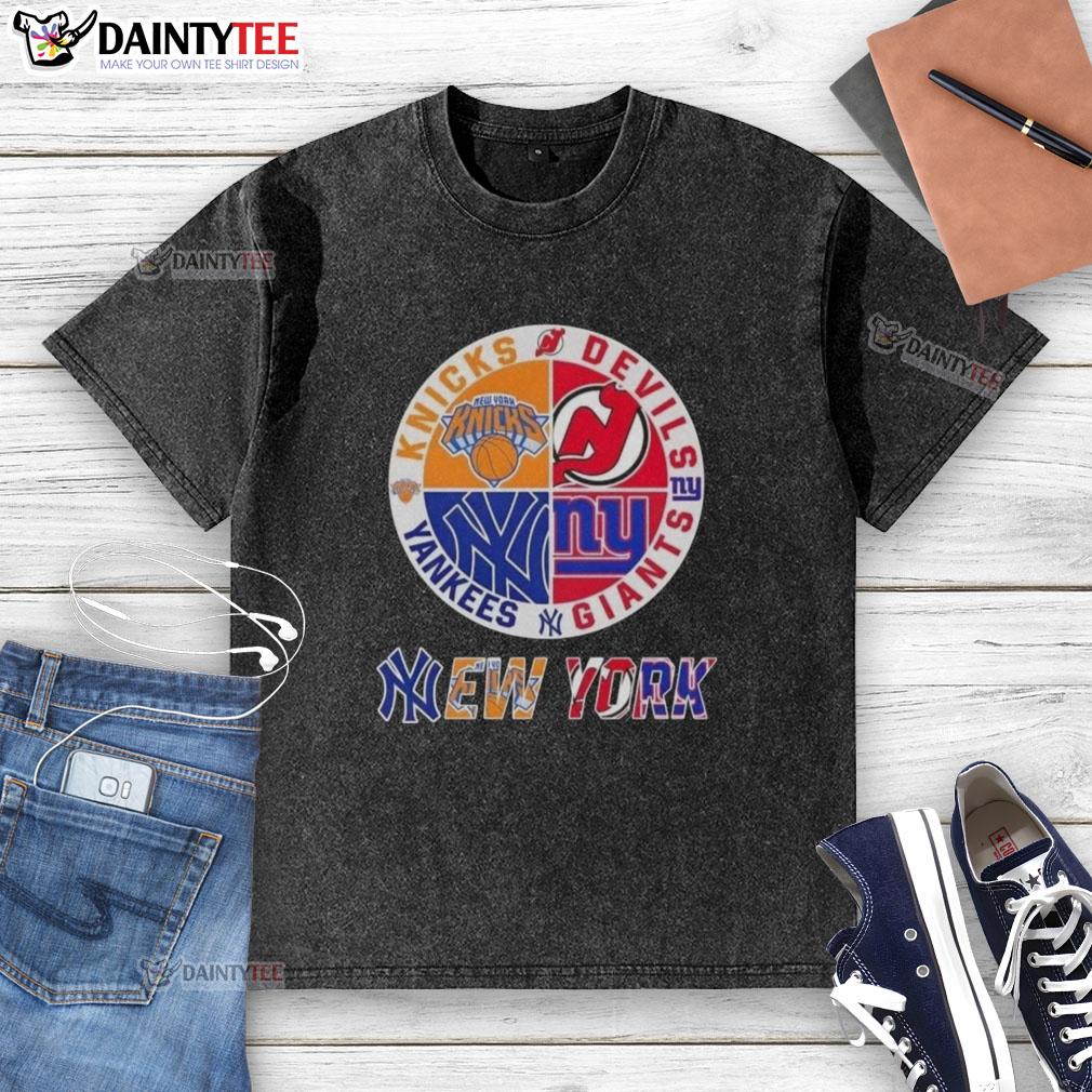 awesome-new-york-city-sports-knicks-devils-giants-yankees-logos-combine-washed-t-shirt Awesome New York City sports t-shirt featuring Knicks, Devils, Giants, and Yankees logos in a stylish, washed design.