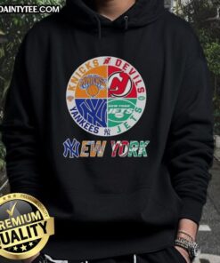 Alt Text: Awesome New York City sports hoodie featuring Knicks, Devils, Jets, and Yankees logos combined for ultimate fan style.
