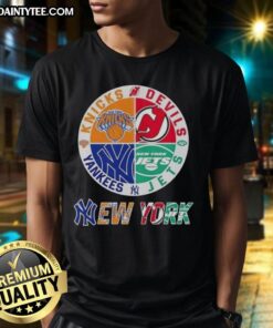Awesome New York City Sports T-Shirt featuring Knicks, Devils, Jets, and Yankees logos combined in a stylish design.