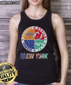 Awesome New York City sports tank top featuring Knicks, Devils, Jets, and Yankees logos for passionate fans.