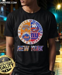 Alt Text: Awesome New York City sports t-shirt featuring Knicks, Islanders, Giants, and Mets logos in a stylish design.