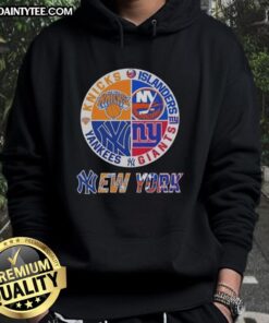 Awesome New York City Sports hoodie featuring Knicks, Islanders, Giants, and Yankees logos in a stylish design.