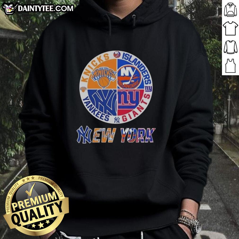 awesome-new-york-city-sports-knicks-islanders-giants-yankees-logos-combine-hoodie Awesome New York City Sports hoodie featuring Knicks, Islanders, Giants, and Yankees logos in a stylish design.