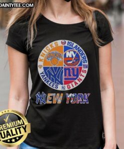 Awesome New York City sports logos for Knicks, Islanders, Giants, and Yankees on a stylish ladies tee shirt.