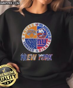 Alt Text: Awesome New York City Sports sweatshirt featuring Knicks, Islanders, Giants, and Yankees logos in a stylish design.