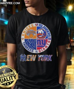 Alt Text: Awesome New York City sports t-shirt featuring Knicks, Islanders, Giants, and Yankees logos in a stylish design.