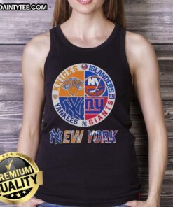 Alt Text: Awesome New York City sports tank top featuring Knicks, Islanders, Giants, and Yankees logos in vibrant design.
