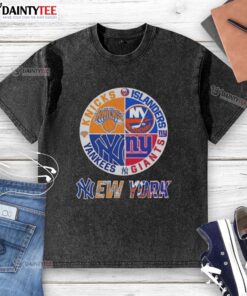 Awesome New York City sports t-shirt featuring Knicks, Islanders, Giants, and Yankees logos on a stylish washed design.