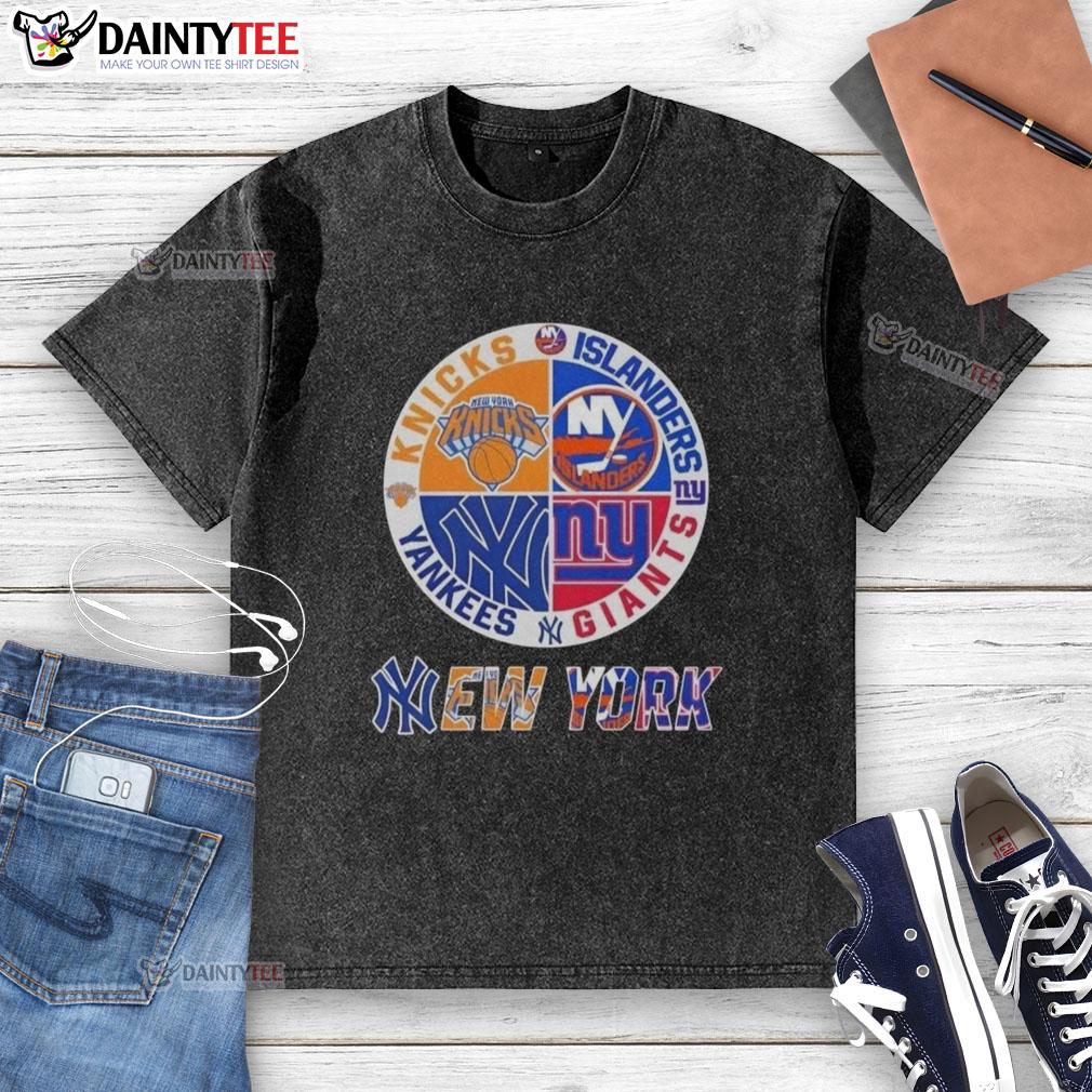 awesome-new-york-city-sports-knicks-islanders-giants-yankees-logos-combine-washed-t-shirt Awesome New York City sports t-shirt featuring Knicks, Islanders, Giants, and Yankees logos on a stylish washed design.