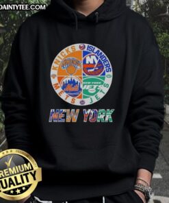 Awesome New York City sports hoodie featuring Knicks, Islanders, Jets, and Mets logos, perfect for fans.