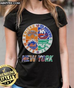 Alt Text: Awesome New York City sports logos for Knicks, Islanders, Jets, and Mets on a ladies tee shirt.