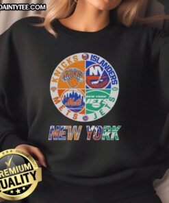 Awesome New York City sports sweatshirt featuring Knicks, Islanders, Jets, and Mets logos for fans.