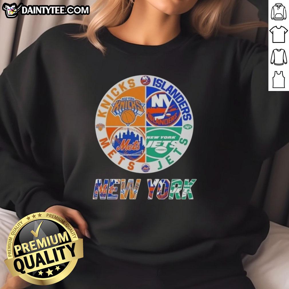 awesome-new-york-city-sports-knicks-islanders-jets-mets-logos-combine-sweatshirt Awesome New York City sports sweatshirt featuring Knicks, Islanders, Jets, and Mets logos for fans.