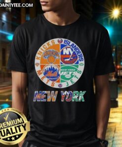 Awesome New York City sports t-shirt featuring Knicks, Islanders, Jets, and Mets logos for fans.