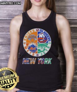 Alt Text: Stylish tank top featuring logos of Knicks, Islanders, Jets, and Mets, perfect for NYC sports fans.