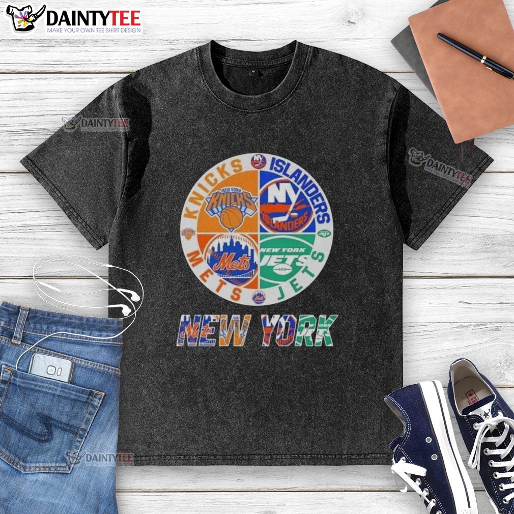 awesome-new-york-city-sports-knicks-islanders-jets-mets-logos-combine-washed-t-shirt Awesome New York City sports logos on a washed t-shirt featuring Knicks, Islanders, Jets, and Mets designs.