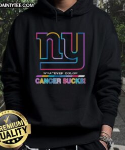New York Giants hoodie featuring colorful 'Cancer Sucks' logo, perfect for fans supporting a great cause.