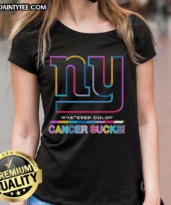 Alt Text: Ladies tee featuring the New York Giants logo with colorful design for cancer awareness - 'Cancer Sucks' message.