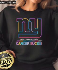 Alt Text: Awesome New York Giants sweatshirt featuring colorful cancer awareness logo, perfect for football fans.