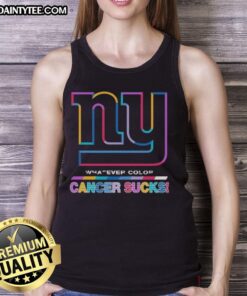 New York Giants football tank top featuring vibrant colors and 'Cancer Sucks' logo, perfect for fans and supporters.
