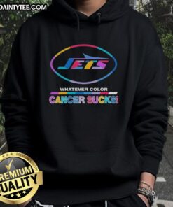 New York Jets cancer awareness hoodie featuring vibrant logo colors, promoting support for cancer research and patients.