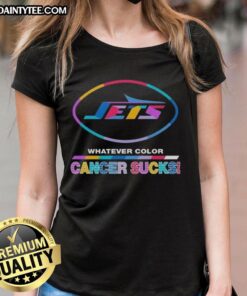 New York Jets football ladies tee featuring colorful 'Cancer Sucks' logo, perfect for team spirit and awareness.