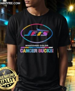 Awesome New York Jets Football t-shirt featuring 'Cancer Sucks' logo in vibrant colors, perfect for fans and supporters.