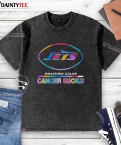 Alt Text: Awesome New York Jets Football Cancer Sucks logo on a washed t-shirt in vibrant colors for fans and supporters.