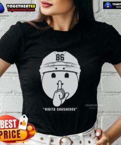Alt Text: Nikita Kucherov 86 Tampa Bay Lightning 'Shhh' celebration tee for ladies, perfect for hockey fans.