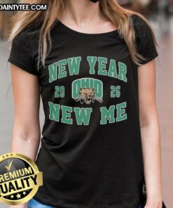 Alt Text: Ohio Bobcats Football 2026 New Year New Me logo on a stylish ladies tee shirt, perfect for fans and fashion.