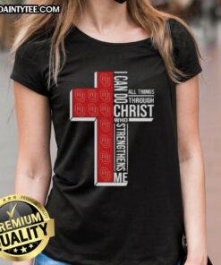 Alt Text: Oklahoma Sooners women's basketball tee featuring 'I Can Do All Things Through Christ' design for fans.