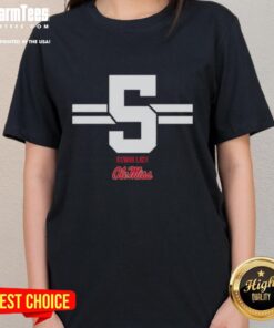 Alt Text: Awesome Ole Miss Rebels Football Kewan Lacy 5 Stripe Ladies Tee featuring team colors and stylish design.