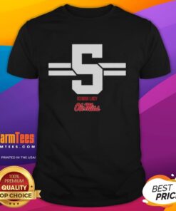 Alt Text: Awesome Ole Miss Rebels Football Kewan Lacy Stripe T-Shirt featuring bold team colors and stylish design.