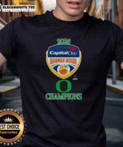 Alt Text: Awesome Oregon Ducks 2026 Capital One Orange Bowl Champions logo t-shirt featuring vibrant team colors and design.