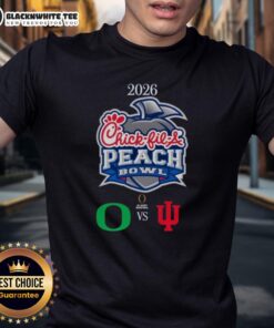 Awesome Oregon Ducks vs Indiana Hoosiers 2026 Chick-Fil-A Peach Bowl T-Shirt featuring team logos and vibrant colors.