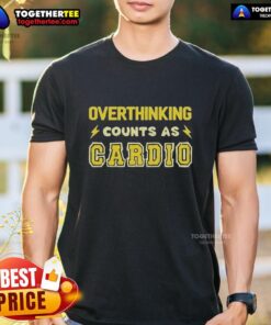 Awesome Overthinking Counts As Cardio T-Shirt design featuring a humorous text graphic on a stylish tee.
