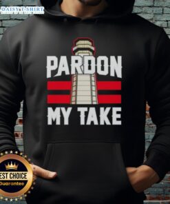 Awesome Pardon My Take Lighthouse Hoodie in navy blue, featuring a stylish lighthouse graphic and cozy design.