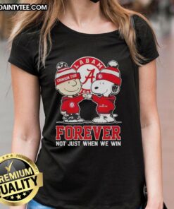 Awesome Peanut Snoopy and Charlie Brown Alabama Crimson Tide Forever tee for ladies, perfect for game day and fans.