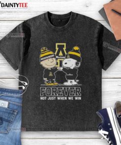 Awesome Peanut Snoopy and Charlie Brown graphic on Appalachian State Mountaineers Forever t-shirt.
