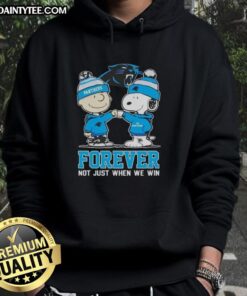Alt Text: Awesome Peanut Snoopy and Charlie Brown hoodie for Carolina Panthers fans: 'Forever, Not Just When We Win' design.