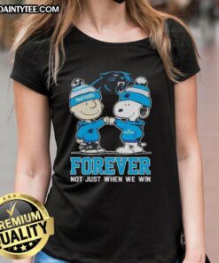 Awesome Peanut Snoopy and Charlie Brown Carolina Panthers Forever tee for ladies, perfect for fans not just when we win.