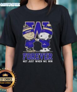 Awesome Peanut Snoopy and Charlie Brown graphic on Washington Huskies Forever ladies tee, celebrating team spirit.