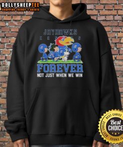 Awesome Peanuts Kansas Jayhawks hoodie featuring 'Forever, Not Just When We Win' slogan in vibrant colors.