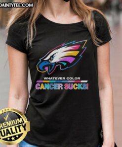 Awesome Philadelphia Eagles Football ladies tee featuring vibrant colors and a 'Cancer Sucks' logo design.