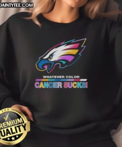 Awesome Philadelphia Eagles Football sweatshirt featuring colorful 'Cancer Sucks' logo, perfect for fans and supporters.