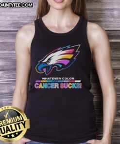Awesome Philadelphia Eagles football tank top featuring a colorful 'Cancer Sucks' logo for fan support and awareness.
