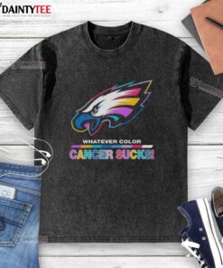 Awesome Philadelphia Eagles football t-shirt in vibrant colors featuring 'Cancer Sucks' logo, perfect for fans.
