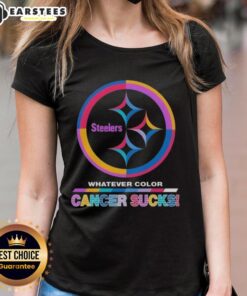 Awesome Pittsburgh Steelers Football ladies tee featuring colorful 'Cancer Sucks' logo, perfect for team spirit and awareness.