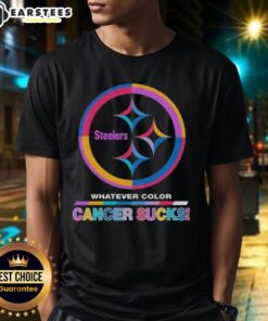 Awesome Pittsburgh Steelers Football T-Shirt featuring colorful 'Cancer Sucks' logo design for awareness and support.