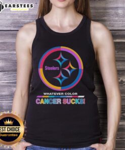 Awesome Pittsburgh Steelers Football tank top featuring colorful 'Cancer Sucks' logo design, perfect for fans.